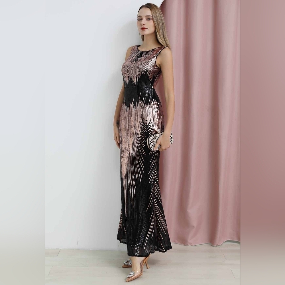 XUCTHHC Sleeveless Black and Rose Gold Sequin Bodycon Gown - Picture 5 of 13